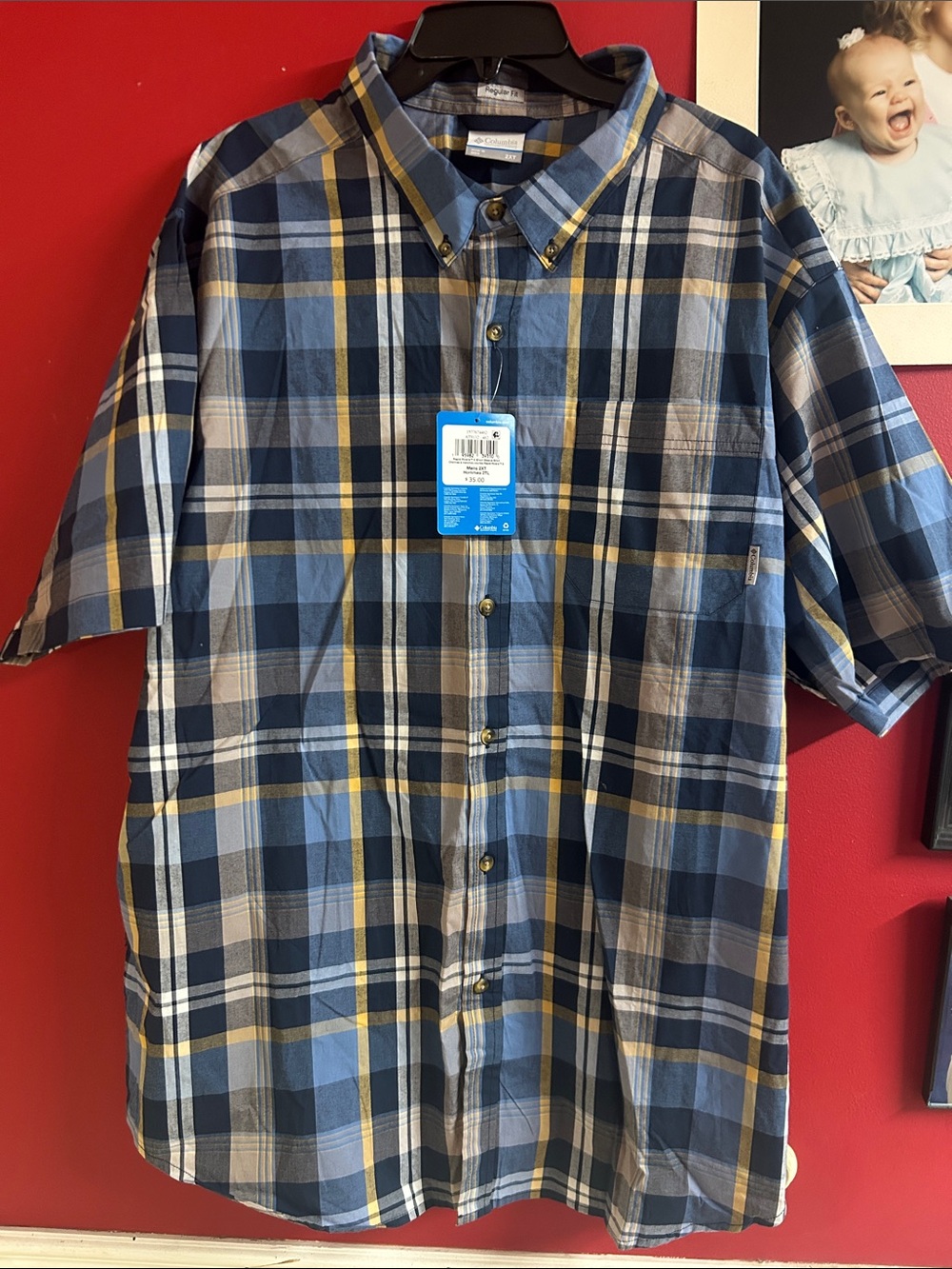 Columbia Blue, Navy & Yellow Plaid Short-Sleeve Button-Down Shirt 2X Tall NEW!